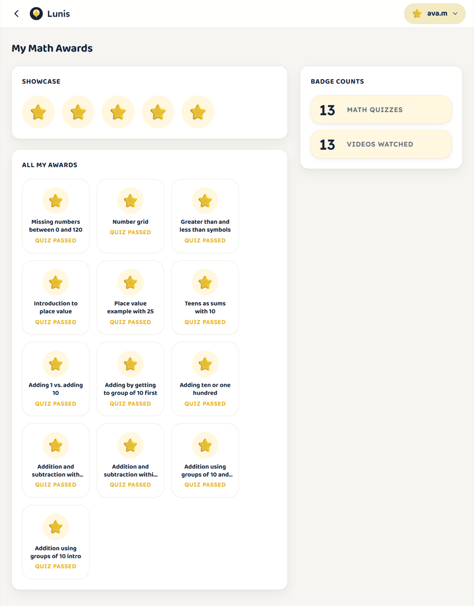 The Lunis achievements screen, showing earned badges